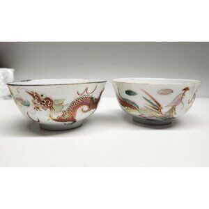 Handpainted Dragonware Vintage Porcelain Rice Bowls Gold Detail Dragon
